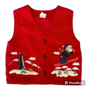 Fleece Christmas Winter Vest Boy size 2T Embroidered Teddy Bears Skiing Snow
